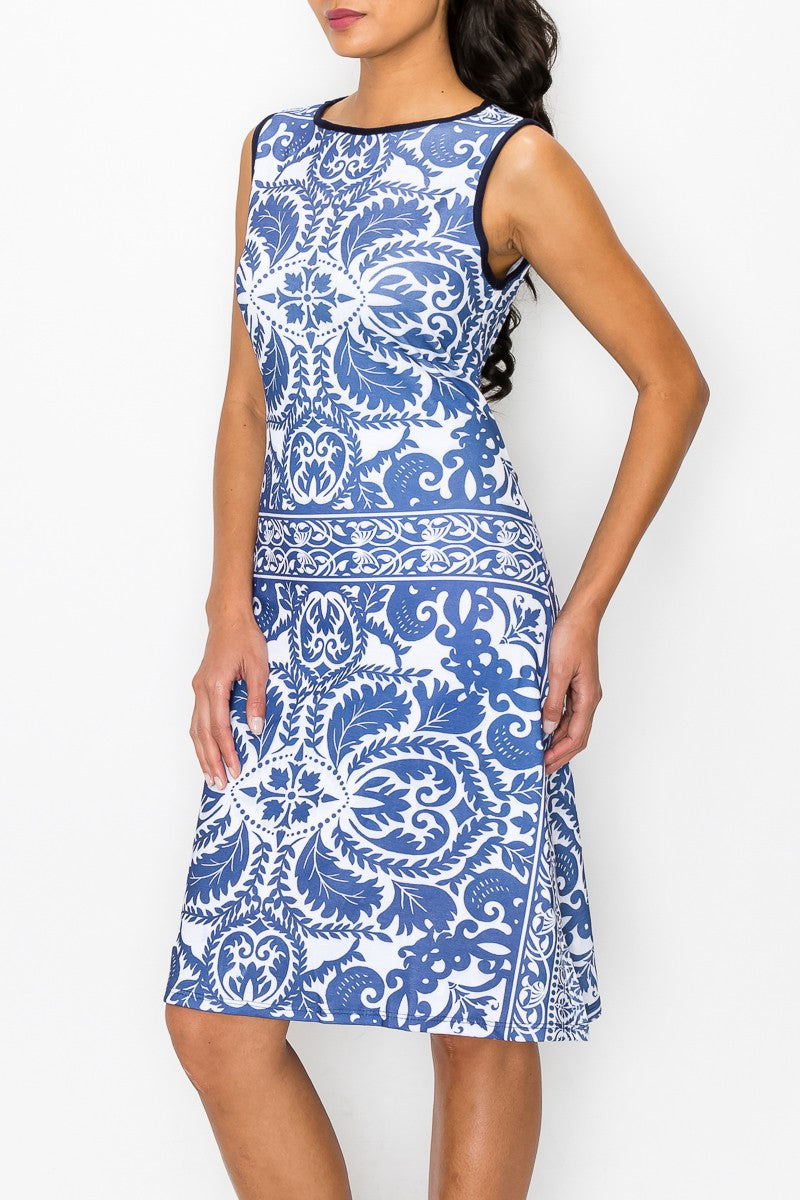 Blue Graphic Print Sleeveless Dress